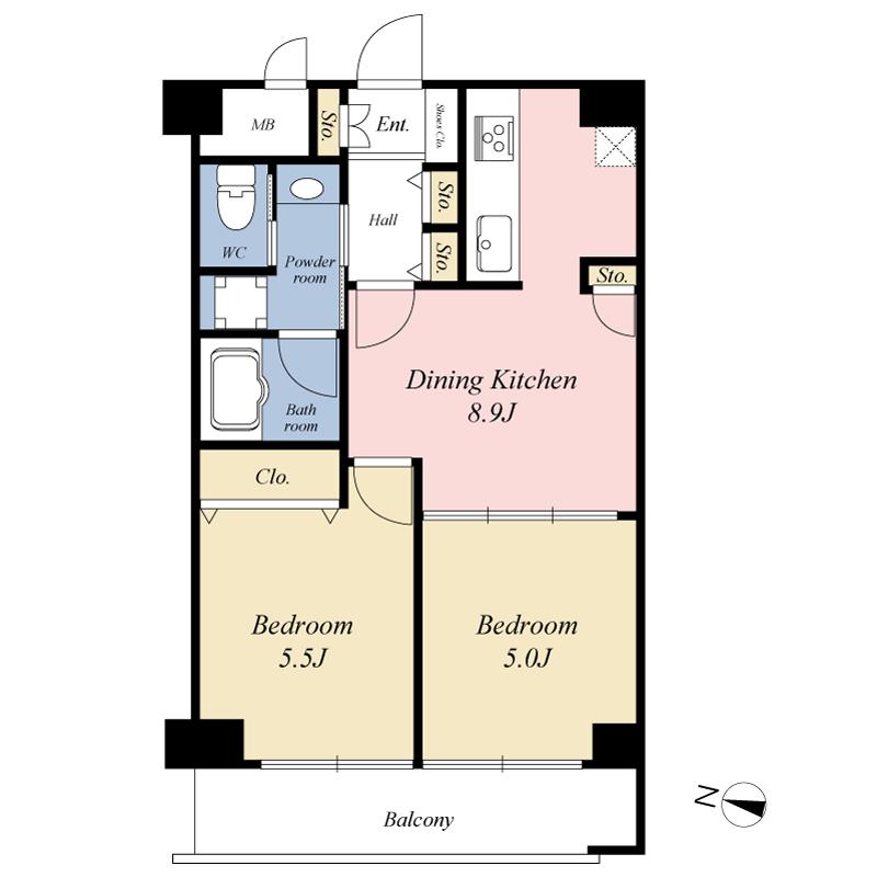 Floor plan. 2DK, Price 31,900,000 yen, Occupied area 44.28 sq m , Balcony area 6.37 sq m