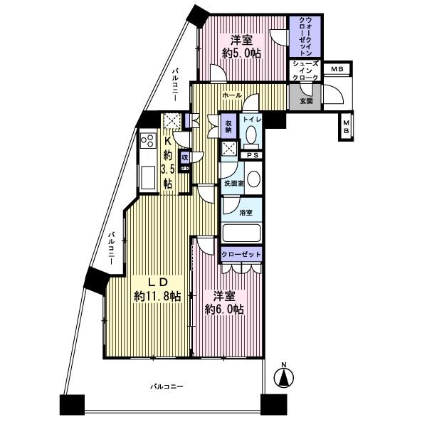 Floor plan. 2LDK, Price 58,800,000 yen, Occupied area 62.75 sq m , Balcony area 25.55 sq m