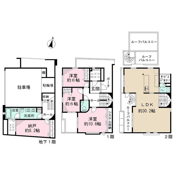 Floor plan. 100 million 18 million yen, 3LDK + S (storeroom), Land area 100.78 sq m , LDK of more than building area 187.82 sq m 30 Pledge. There is a feeling of opening per corner lot. Sunny.