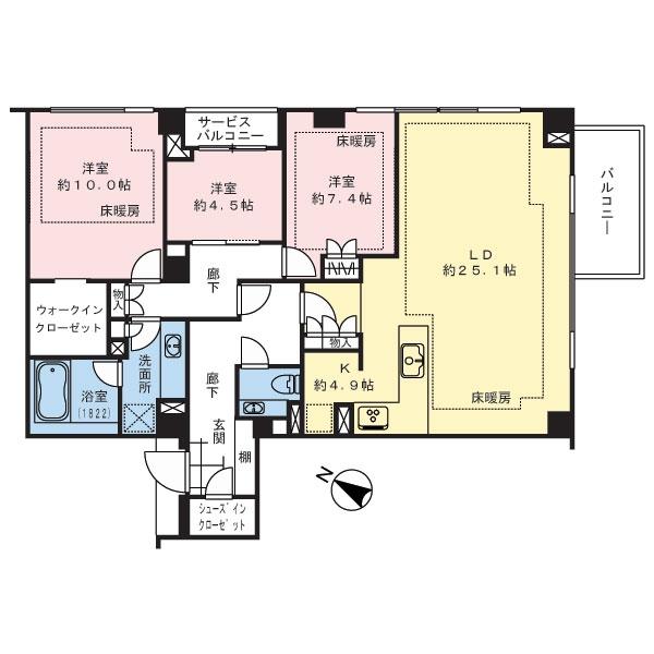 Floor plan. 3LDK, Price 128 million yen, Footprint 125.05 sq m , Balcony area 7.03 sq m