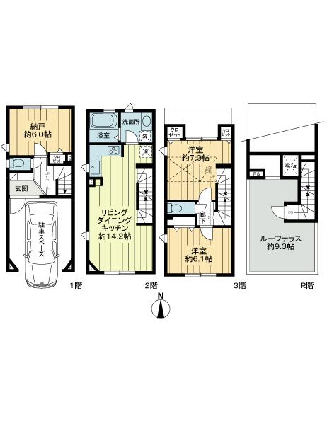 Floor plan. 2LDK + S (storeroom), Price 52,800,000 yen, Occupied area 94.78 sq m footprint: 94.78 sq m , Roof Terrace: about 15.52 sq m , Stock roof: about 3.51 sq m , Plane Parking: 9.41 sq m
