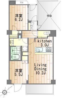 Floor plan. 2LDK, Price 64 million yen, Occupied area 56.99 sq m , Balcony area 6.55 sq m