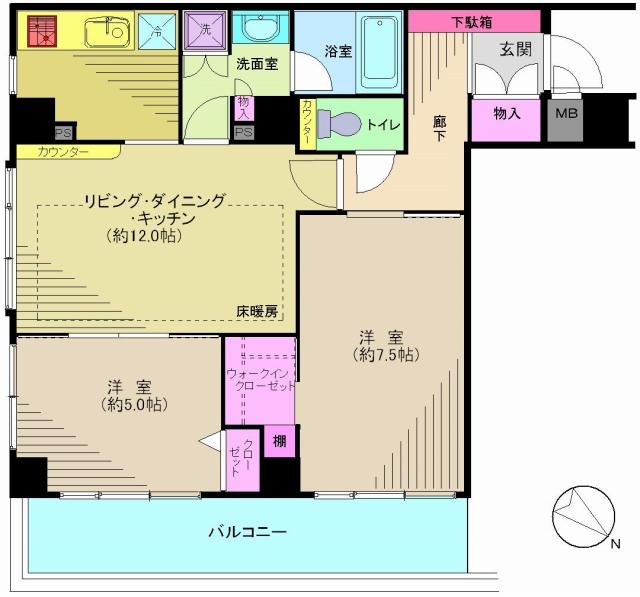 Floor plan. 2LDK, Price 47 million yen, Occupied area 59.37 sq m