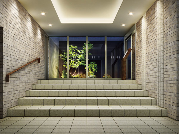 Features of the building.  [Entrance hall] If placed in a hole, Light coat that connects the outer and the inner slowly. Light and green landscape shine in the other side of the glass, Unwind the live of human heart. (Entrance Hall Rendering)
