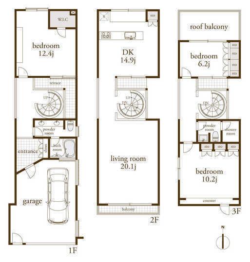 Floor plan. 129 million yen, 3LDK, Land area 103.95 sq m , And the building area 156.31 sq m Covered garage, This floor plan configuration that take the lighting is also on the north side of the room.