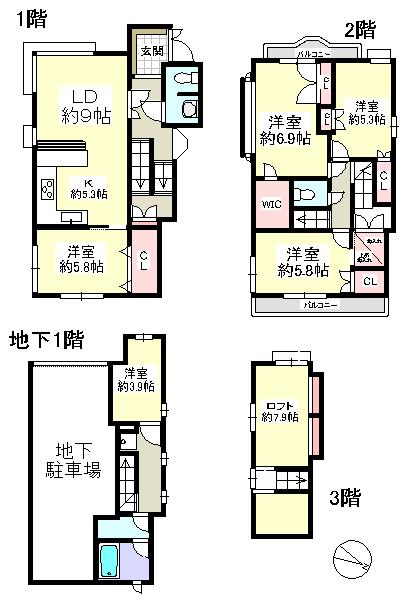 Floor plan. 68,800,000 yen, 5LDK, Land area 94.74 sq m , Building area 166.44 sq m