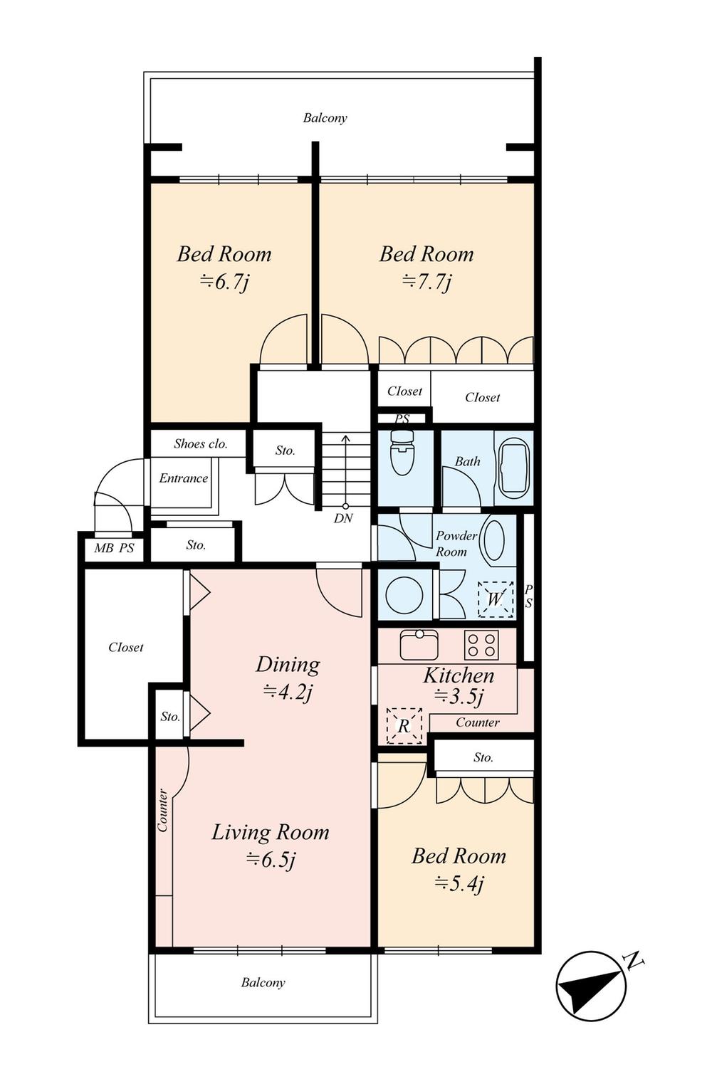 Floor plan. 3LDK, Price 62,800,000 yen, Occupied area 93.43 sq m , Balcony area 18.82 sq m