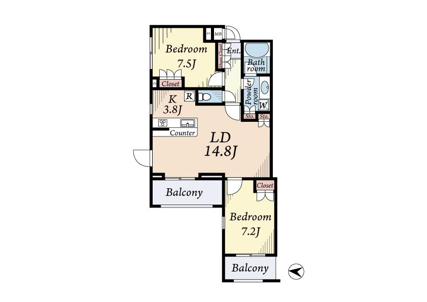 Floor plan. 2LDK, Price 49,900,000 yen, Occupied area 70.13 sq m , Balcony area 10.78 sq m