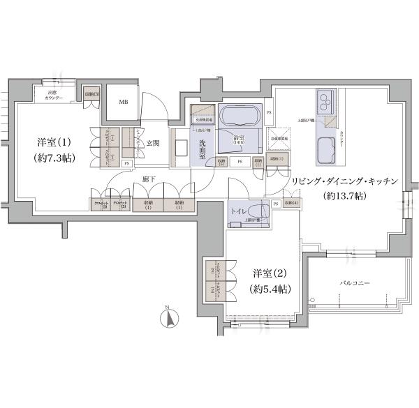 Floor plan. 2LDK, Price 57,400,000 yen, Occupied area 64.64 sq m , Balcony area 5.85 sq m