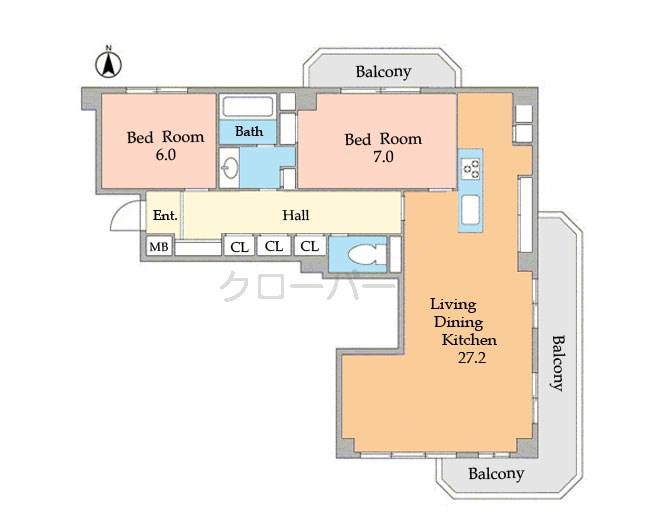 Floor plan. 2LDK, Price 48,500,000 yen, Occupied area 96.57 sq m , Balcony area 16.6 sq m