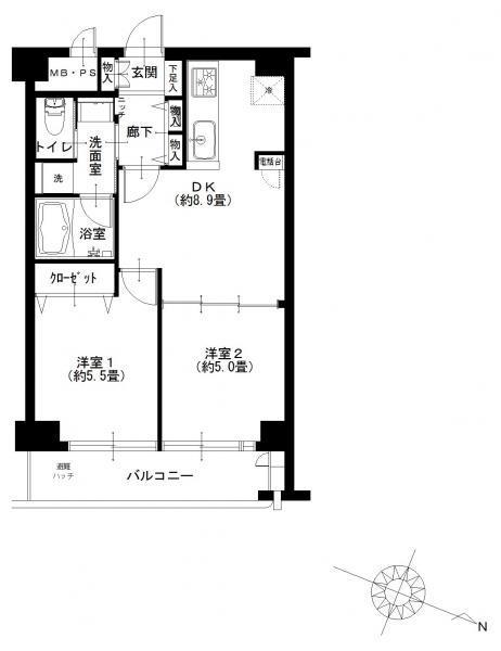 Floor plan. 2DK, Price 31,900,000 yen, Occupied area 44.28 sq m , Balcony area 6.37 sq m