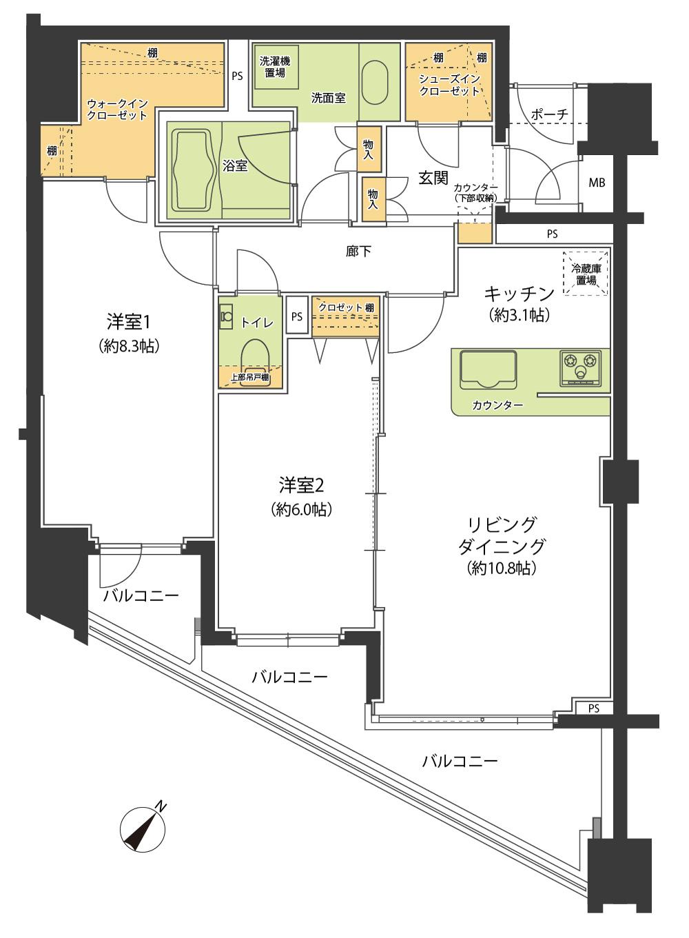 Floor plan. 2LDK, Price 59,800,000 yen, Occupied area 70.36 sq m , Balcony area 12 sq m south-facing ・ Storage is abundant attractive floor plan! !