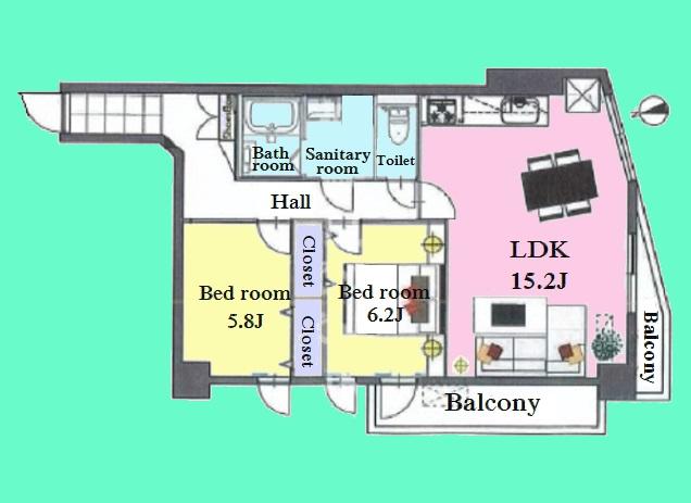 Floor plan. 2LDK, Price 40,900,000 yen, Occupied area 62.89 sq m , Balcony area 6.75 sq m