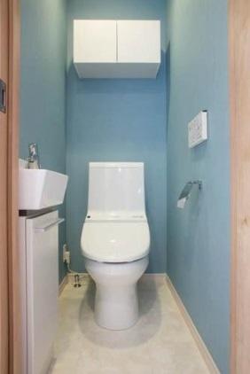 Toilet. And blue wall, It has become a cute toilet!