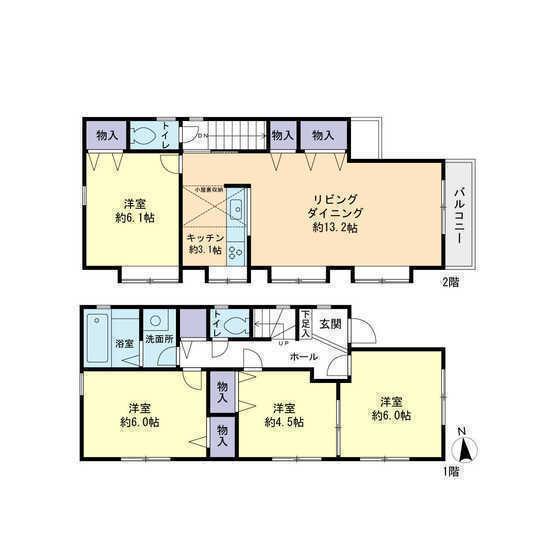 Floor plan. 59,800,000 yen, 4LDK, Land area 88.01 sq m , It is a building area of ​​87.54 sq m 2 storey 3SLDK. (First floor of the Western-style about 6 Pledge and about 4.5 Pledge we can partition)