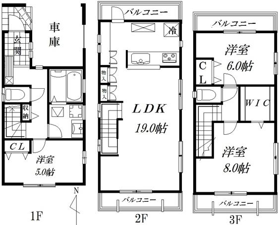 Floor plan. 64,800,000 yen, 3LDK, Land area 62.34 sq m , Building area 104.33 sq m