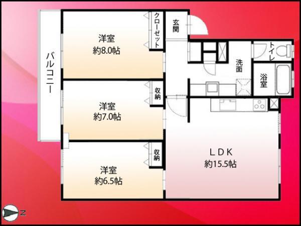 Floor plan. 3LDK, Price 31,800,000 yen, Occupied area 81.28 sq m , Balcony area 7.67 sq m