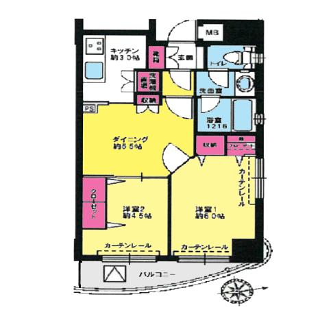 Floor plan. 2DK, Price 36,800,000 yen, Occupied area 44.32 sq m , Balcony area 4.65 sq m