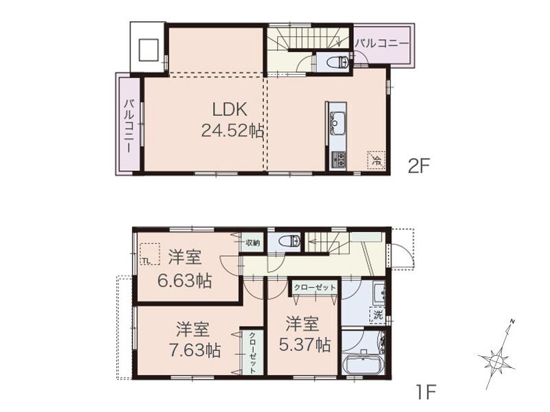 Building plan example (floor plan). Building plan example (B compartment) 3LDK, Land price 59,850,000 yen, Land area 102.03 sq m , Building price 14,950,000 yen, Building area 96.37 sq m