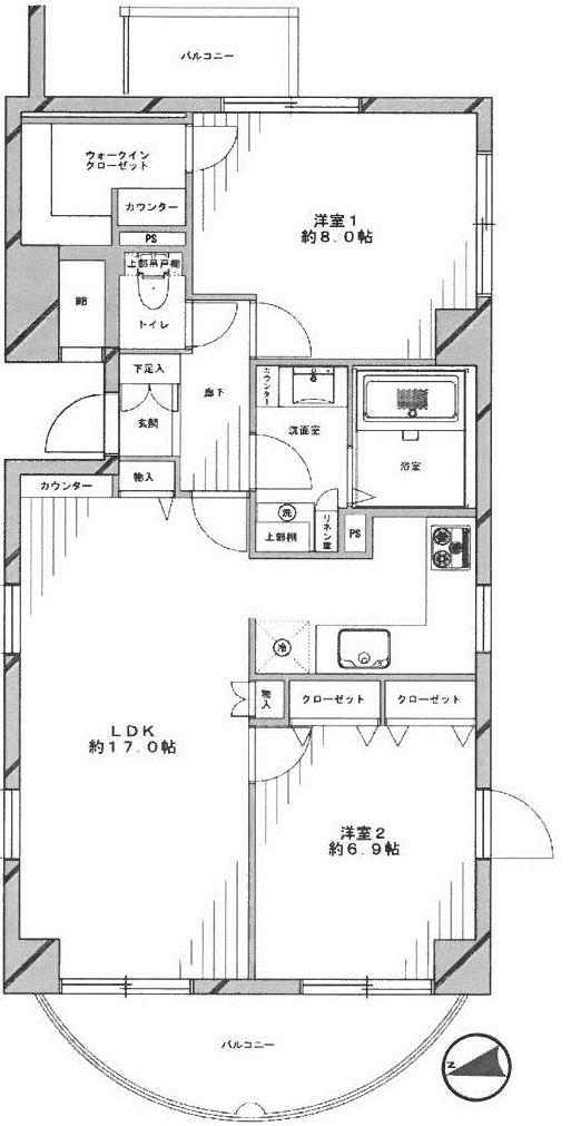 Floor plan. 2LDK, Price 39,800,000 yen, Occupied area 64.07 sq m , Balcony area 11.89 sq m