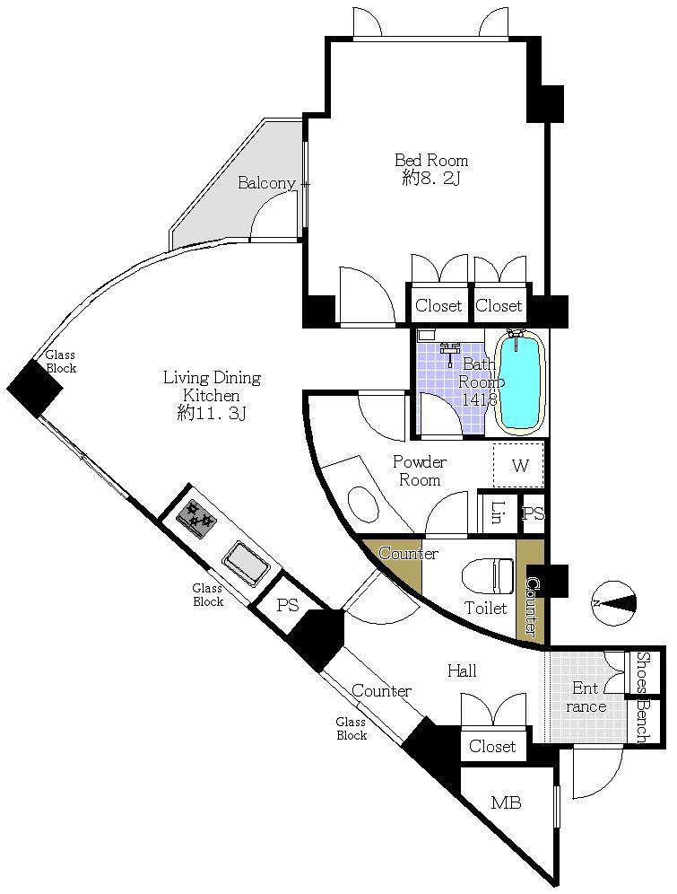 Floor plan. 1LDK, Price 44,800,000 yen, Occupied area 55.39 sq m , Balcony area 2.95 sq m