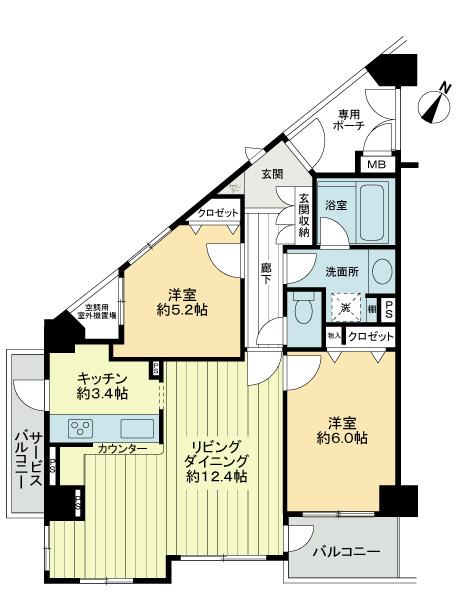 Floor plan. 2LDK, Price 47,800,000 yen, Occupied area 61.22 sq m , Balcony area 3.75 sq m