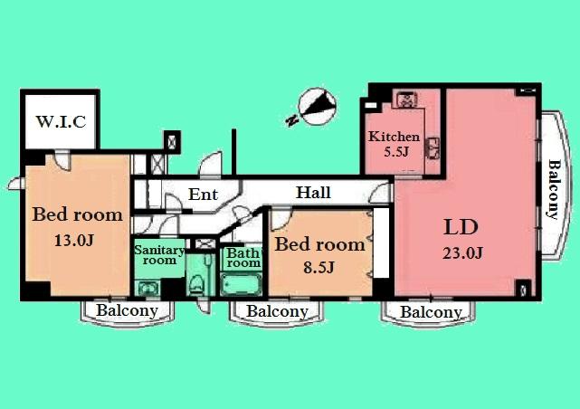 Floor plan. 2LDK, Price 108 million yen, Footprint 129.59 sq m , Balcony area 15.9 sq m