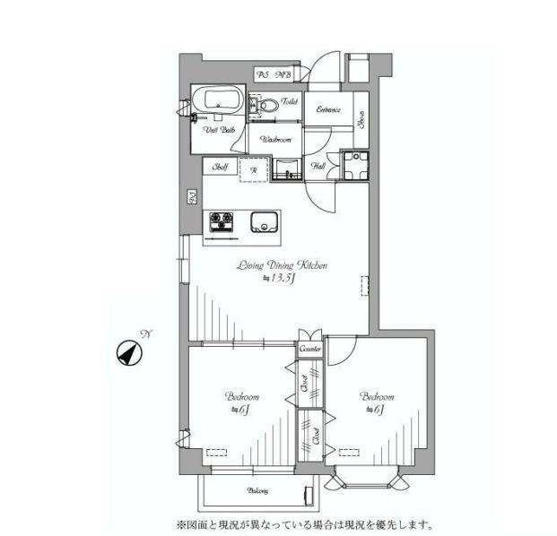 Floor plan. 2LDK, Price 41,800,000 yen, Footprint 58.7 sq m , Balcony area 3 sq m
