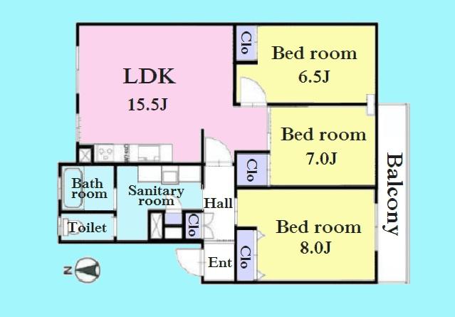 Floor plan. 3LDK, Price 31,800,000 yen, Occupied area 81.28 sq m , Balcony area 7.67 sq m