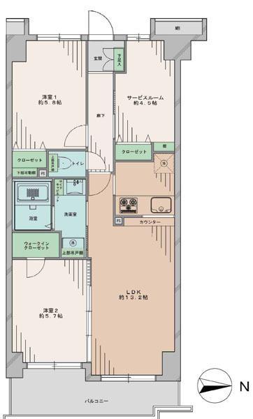 Floor plan. 2LDK+S, Price 45,800,000 yen, Occupied area 63.23 sq m , Balcony area 7.66 sq m