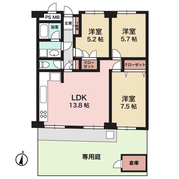 Floor plan. 3LDK, Price 42,900,000 yen, Is the exclusive area of ​​69.26 sq m easy-to-use 3LDK. Private warehouse in the garden is very convenient.