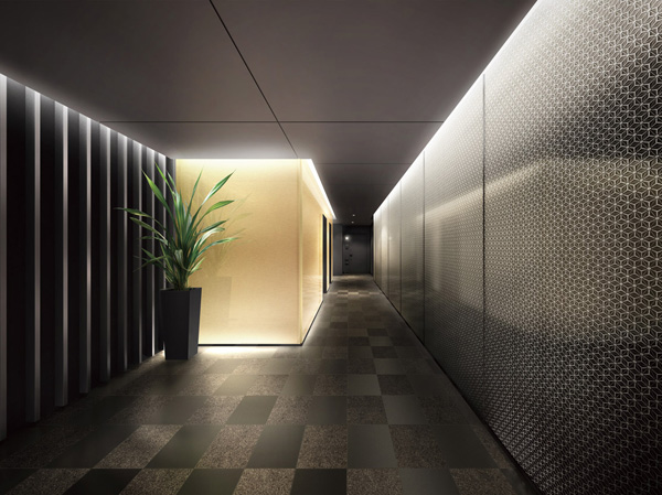 Shared facilities.  [Entrance Hall Rendering] Soft light is projected, Entrance Hall of decorative glass of Japanese pattern design to honor the modern expression is spread on one side wall. In the space of hospitality, Sophisticated design the pursuit of aesthetics of the sum has been sprinkled throughout.