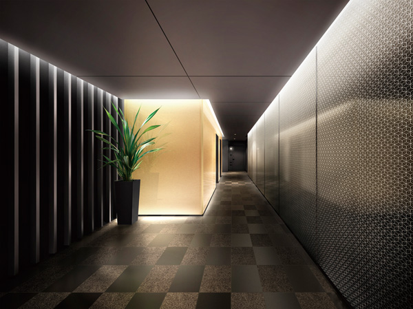 Buildings and facilities. Soft light is projected, Entrance Hall of decorative glass of Japanese pattern design to honor the modern expression is spread on one side wall. In the space of hospitality, Sophisticated design the pursuit of aesthetics of the sum has been sprinkled throughout. (Entrance Hall Rendering)