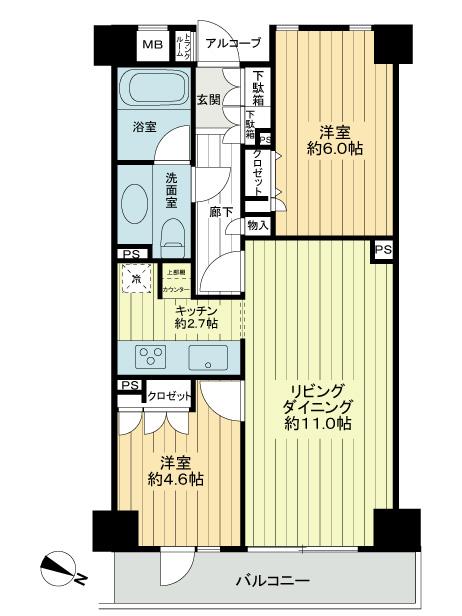 Floor plan. 2LDK, Price 44,800,000 yen, Occupied area 54.48 sq m , Balcony area 5.5 sq m