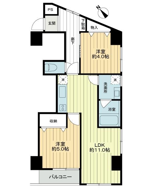 Floor plan. 2LDK, Price 34,800,000 yen, Occupied area 49.51 sq m , Balcony area 2.7 sq m