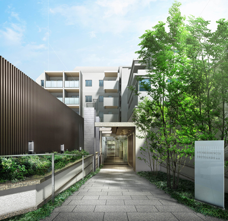 Features of the building.  [Entrance approach Rendering] The joy to live in Omotesando of private residences, We start from the entrance approach that invites leisurely to the back. While the entrance wearing a modern design in the front, Gentle moments to promote walking to feel the color of fresh trees. From the bustle of the city, Is the barrier spatial switch the feeling to a quiet private residence, Carousel exudes luxury mansion feeling. Get the day-to-day with a dignified margin, There is a really luxurious time here.