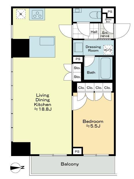 Floor plan. 1LDK, Price 51,800,000 yen, Occupied area 52.56 sq m , Balcony area 5.87 sq m