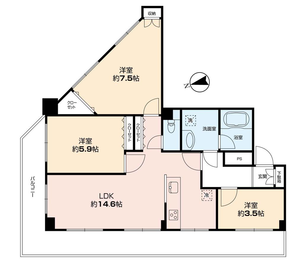 Floor plan. 3LDK, Price 52,800,000 yen, Occupied area 67.09 sq m , Balcony area is 10 sq m three direction room.