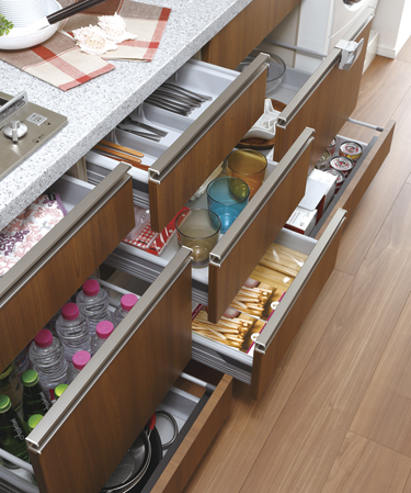 Kitchen.  [Soft-close function with all slide storage] Large pot of course, All slide storage that can be stored while standing also PET bottles, Soft-close function with to soften the impact when the close.