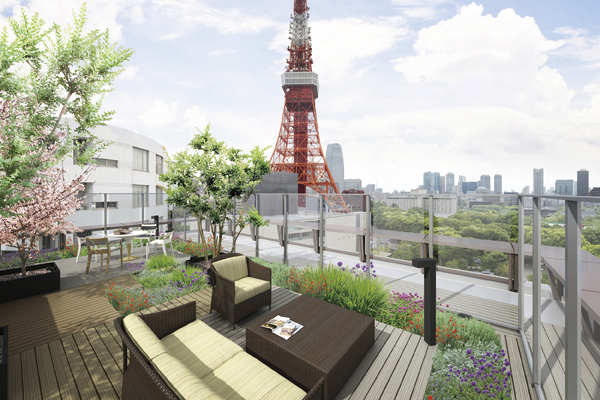 Features of the building.  [View terrace Rendering CG] "View Terrace" as a space consuming taste the excellent position. To close the "Tokyo Tower", You can enjoy the view, such as to hand the city from the rooftop. Bloom colorful flowers in spring, Go moistened heart in green Shiba Park in the summer. Flowers and trees charm the four seasons and the landscape that weaves the city, And glamorous directing the day-to-day.  ※ To those that caused draw based on the drawings of the design stage, In fact a somewhat different in a composite of local ground 42m (rooftop) equivalent northeast of view photographs taken from a height (June 2013 shooting).