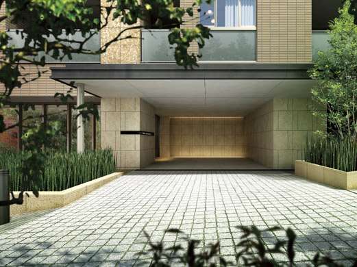 Features of the building.  [South Entrance] South entrance is located on the site south will enhance the convenience of daily accessible from the "Juban" station. Gradual approach to a variety of green greet the graceful Wash the mind is fresh vertical line of horsetail, The color of the glossy maple talks the transitory season. (South Entrance Rendering)