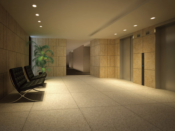 Features of the building.  [elevator hall] Providing a lounge space in South Entrance. Set up a chair to have a room to be wide elevator hall following the earlier. (Elevator hall Rendering)