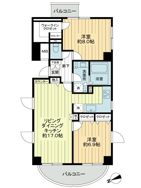 Floor plan. 2LDK, Price 58,800,000 yen, Occupied area 73.12 sq m , Balcony area 9.41 sq m