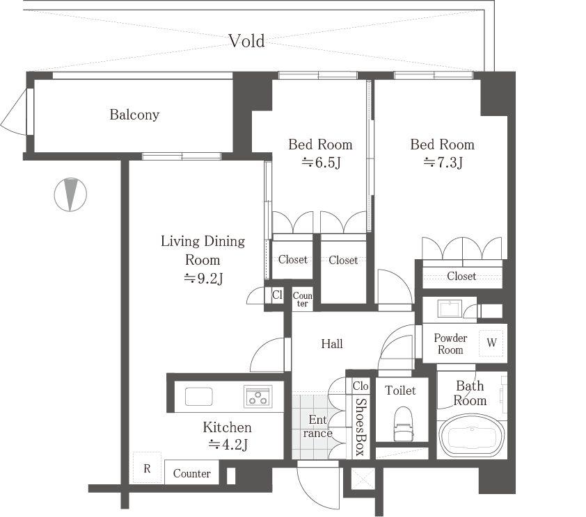 Floor plan. 2LDK, Price 55 million yen, Occupied area 62.63 sq m , Balcony area 6.87 sq m