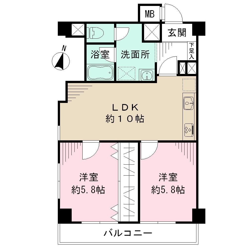 Floor plan. 2LDK, Price 39,800,000 yen, Occupied area 54.09 sq m , Balcony area 6.3 sq m