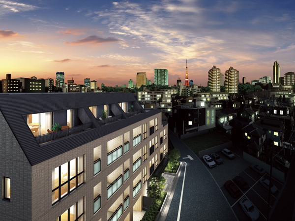 Features of the building.  [Exterior - Rendering] <Sunwood Mita Tsunamachi> is born is, One section went to the one step back from the main road. Calm streets away from the hustle and bustle. Lined with low-rise building in with a focus on housing, Peaceful living environment that will forget has been formed that it is a city center. Also, This land is also a first-class educational district. It stipulated in order to protect a particularly good educational environment, It is provided with a severe building restrictions, We can expect that the current environment is maintained.