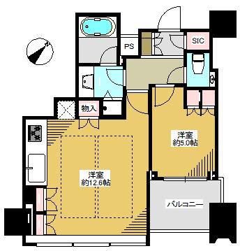 Floor plan. 1LDK, Price 67,500,000 yen, Occupied area 45.49 sq m , Balcony area 5.52 sq m