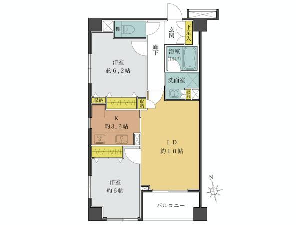 Floor plan. 2LDK, Price 49,800,000 yen, Occupied area 60.01 sq m , Balcony area 5.1 sq m