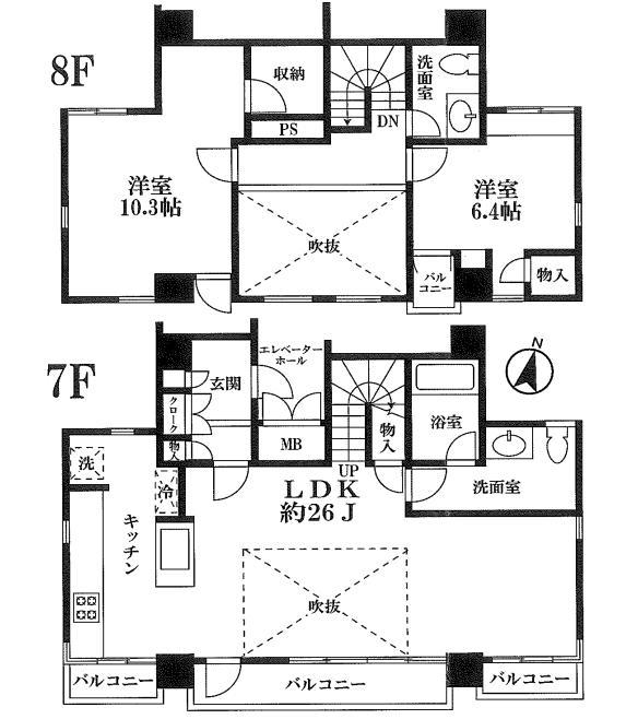 Floor plan. 2LDK, Price 81,800,000 yen, Footprint 104.51 sq m , Balcony area 11.62 sq m top floor, South is a spacious floor plan of 2LDK of maisonette of direction. Large atrium is very open and anyway a bright room. Indoor (September 2012) shooting