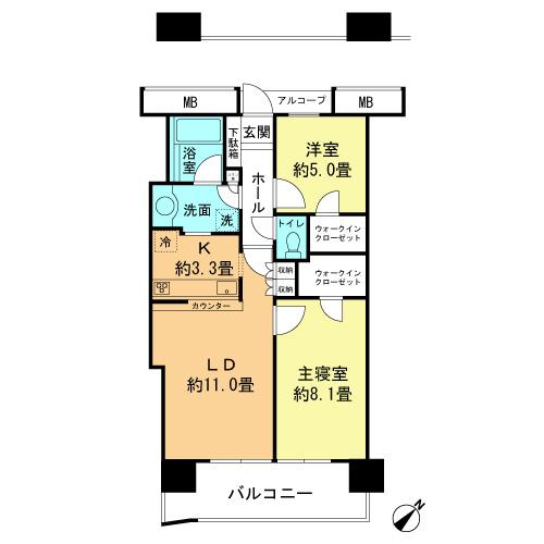 Floor plan. 2LDK, Price 54,500,000 yen, Occupied area 63.97 sq m , Balcony area 10.58 sq m floor plan